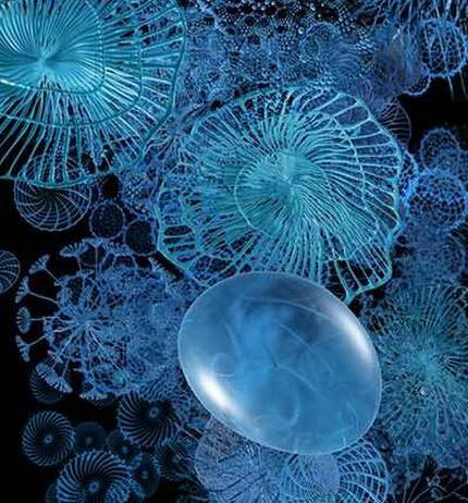 Abstract digital artwork featuring a variety of blue and turquoise organic shapes, resembling microscopic organisms or cellular structures, set against a dark background.