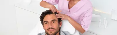 A healthcare professional in a pink uniform is examining the scalp of a man lying down on a treatment table.