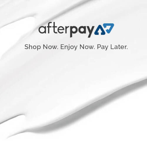 The image features a white paint-like brushstroke with the Afterpay logo and the tagline "Shop Now. Enjoy Now. Pay Later."
