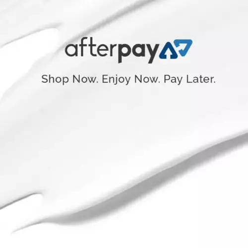The image features a white paint-like brushstroke with the Afterpay logo and the tagline "Shop Now. Enjoy Now. Pay Later."