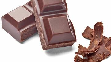 Alt text: Two pieces of dark chocolate with a pile of chocolate shavings beside them on a white background.