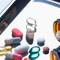A variety of colorful pills and capsules are scattered around an open amber bottle on a reflective surface.