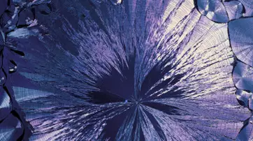 An abstract image featuring sharp, angular patterns in shades of purple and blue, reminiscent of crystalline structures or ice formations.