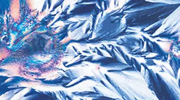 Abstract image featuring intricate, crystalline patterns in shades of blue, with hints of iridescent colors adding depth and texture.
