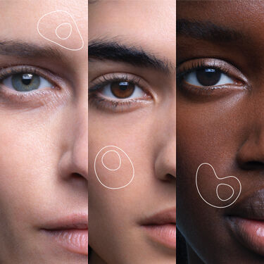 Un flacon de serum (Hydrab3) a cote de trois gros plans d'yeux de differentes couleurs.