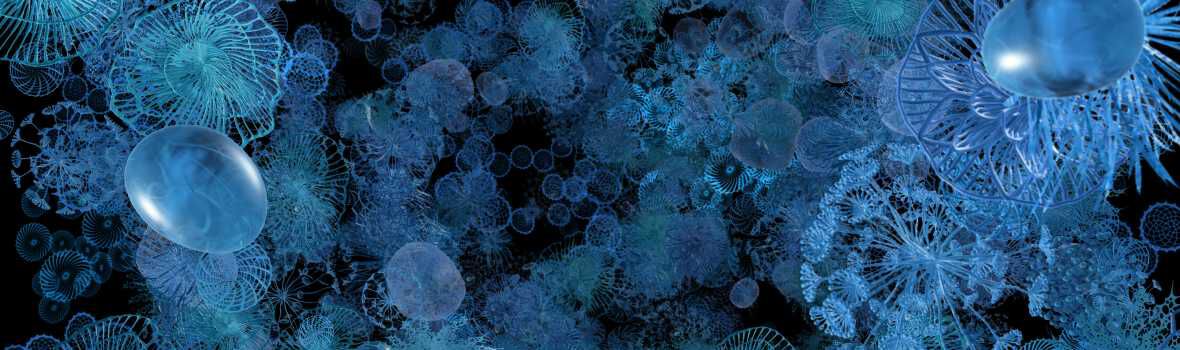Abstract illustration featuring intricate, translucent shapes and patterns in varying shades of blue, resembling a blend of microscopic organisms or underwater life against a dark background.