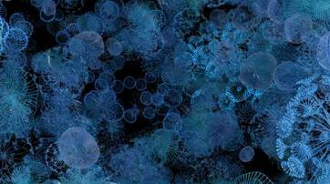 A visually striking abstract depiction of various translucent, blue-tinted organic shapes and forms, resembling microscopic organisms set against a dark background.