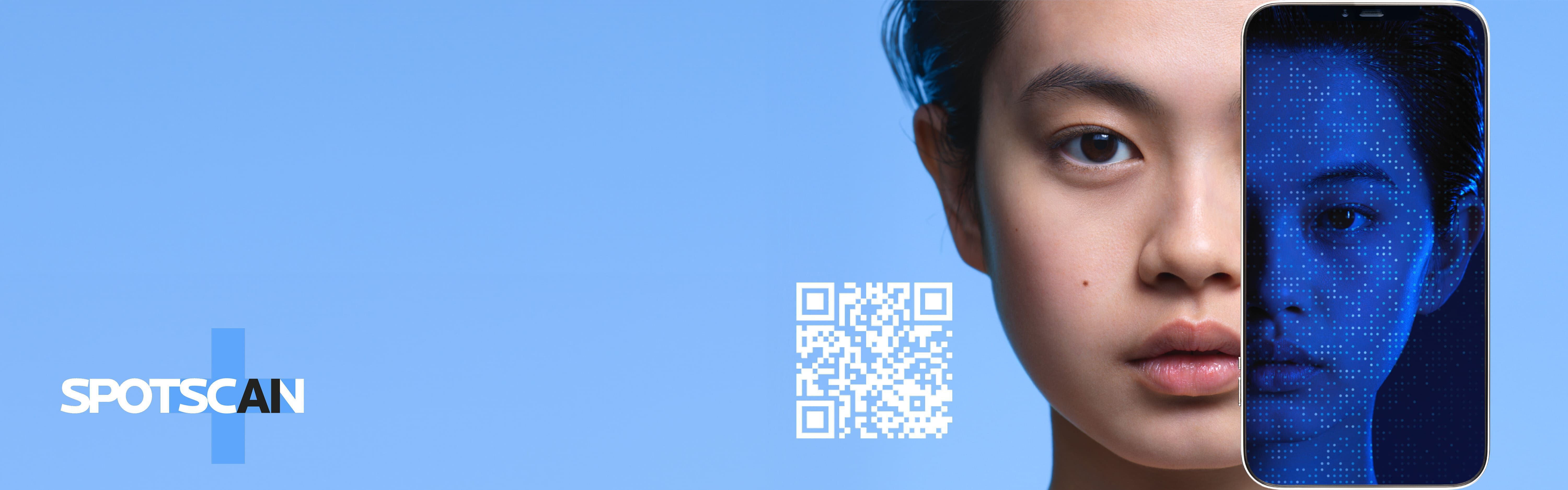 Une personne regarde l'objectif avec un visage partiellement en bleu numerique, accompagnee d'un code QR sur fond bleu. Le mot "SPOTSCAN" est visible a gauche.