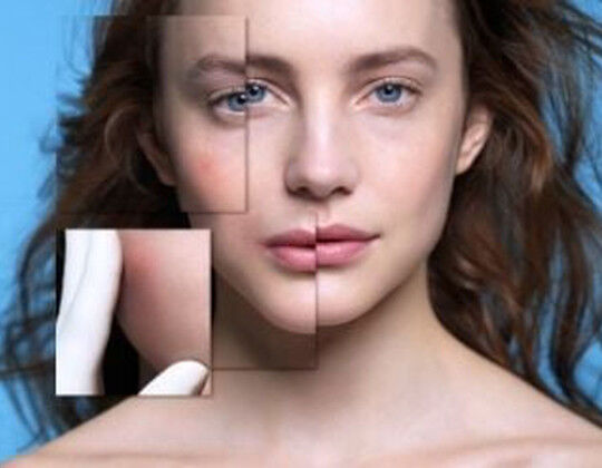 A close-up of a woman's face divided into geometric sections, with a smaller inset showing a hand lightly touching her cheek. The background is a soft blue.