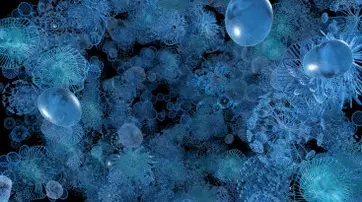 Abstract image depicting a variety of blue, translucent microorganisms and cellular structures against a dark background.