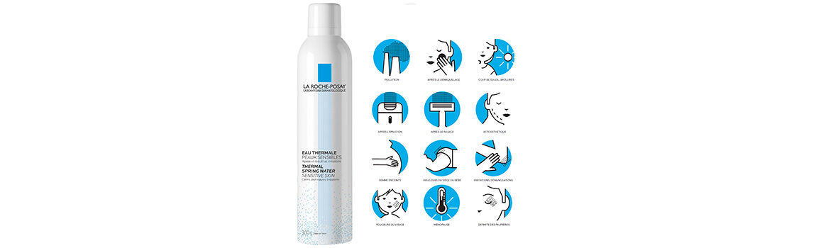 A bottle of thermal spring water spray accompanied by icons representing various benefits such as hydration, soothing, and calming effects.