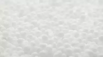 A close-up view of small white spherical granules scattered across a surface, creating a textured, uniform appearance.
