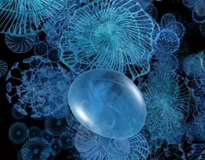 Abstract digital artwork featuring a variety of translucent blue shapes and patterns reminiscent of microscopic organisms, set against a dark background.