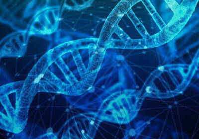 A close-up view of a blue, glowing double helix DNA structure, set against a dark background with interconnected lines and dots, representing a digital network.