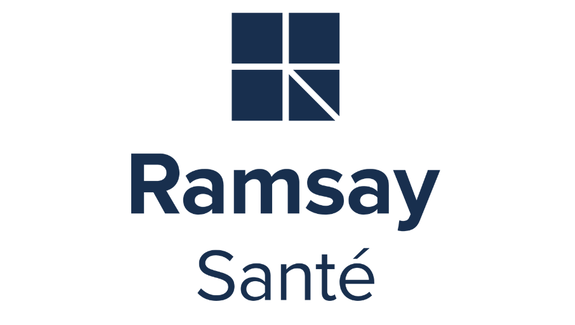 Logo de Ramsay Sante, comprenant une icone carree bleu fonce divisee en quatre et le nom « Ramsay Sante » en dessous.
