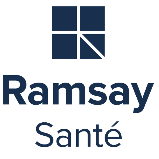 Logo de Ramsay Sante, comprenant une icone carree bleu fonce divisee en quatre et le nom « Ramsay Sante » en dessous.
