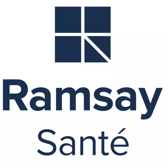 Logo de Ramsay Sante, comprenant une icone carree bleu fonce divisee en quatre et le nom « Ramsay Sante » en dessous.
