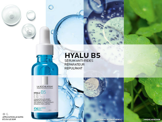 Flacon de serum anti-rides Hyalu B5 avec des illustrations de gouttes et d'ingredients tels que l'acide hyaluronique et la vitamine B5.