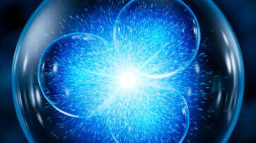 Une illustration d'une sphere representant des bulles bleues lumineuses se rejoignant au centre, symbolisant des concepts scientifiques ou atomiques.