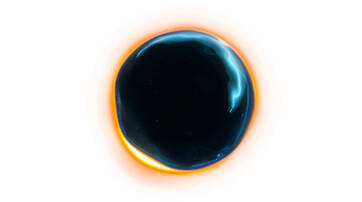 A circular image depicting a dark central area surrounded by a glowing orange and blue halo, resembling a solar eclipse or a cosmic phenomenon.