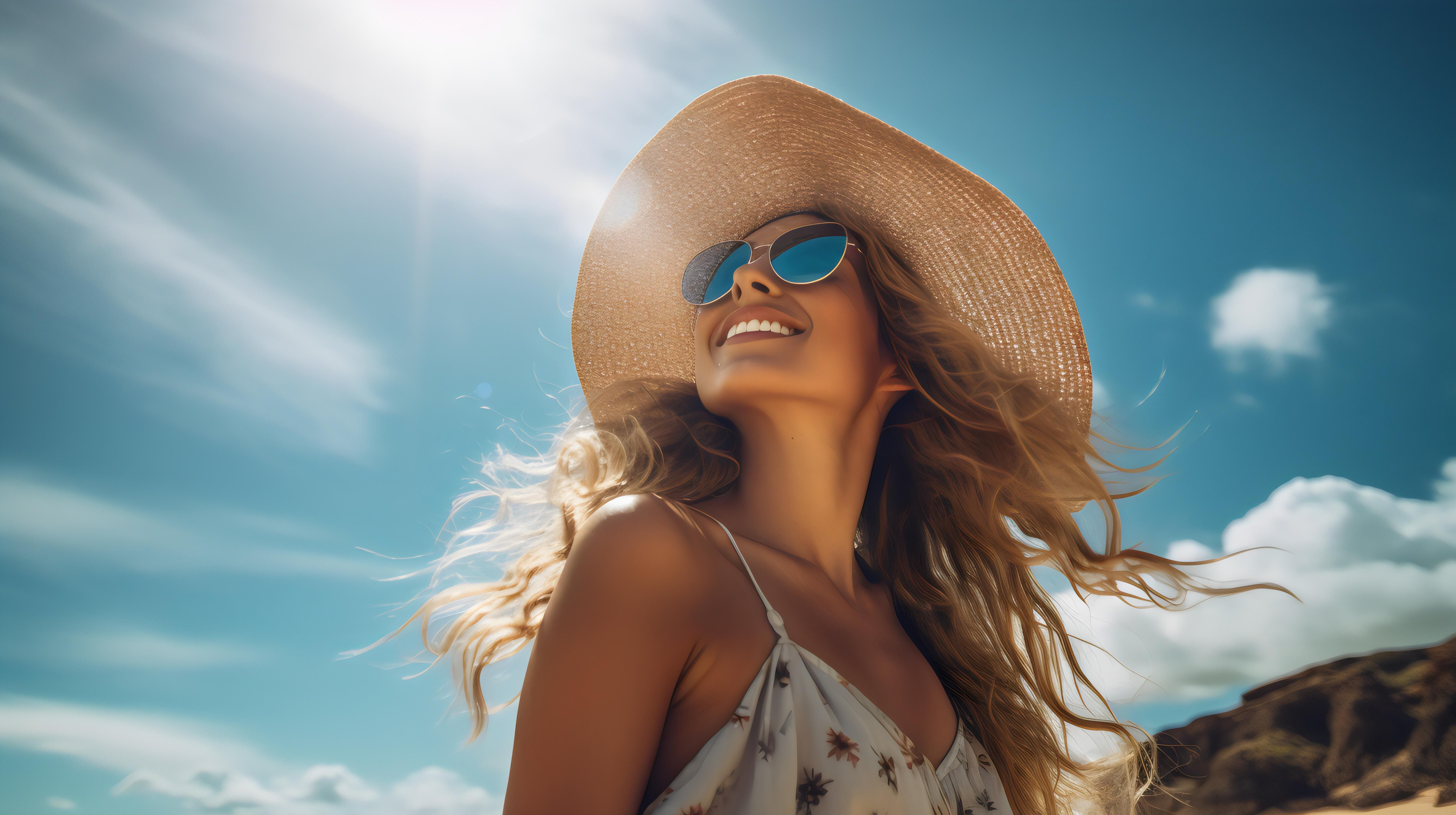 Une femme souriante portant un grand chapeau et des lunettes de soleil, se tenant sur la plage sous un ciel bleu et ensoleille.
