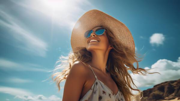 Une femme souriante portant un grand chapeau et des lunettes de soleil, se tenant sur la plage sous un ciel bleu et ensoleille.