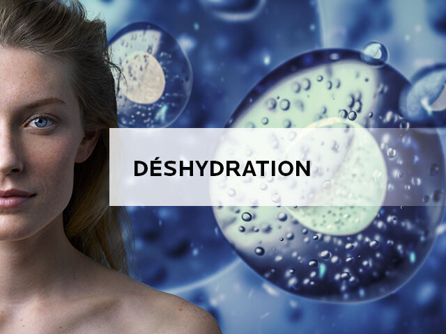 Une image illustrant le theme de la deshydratation, montrant a gauche un visage feminin avec une peau claire et a droite des bulles d'eau sur un fond flou.