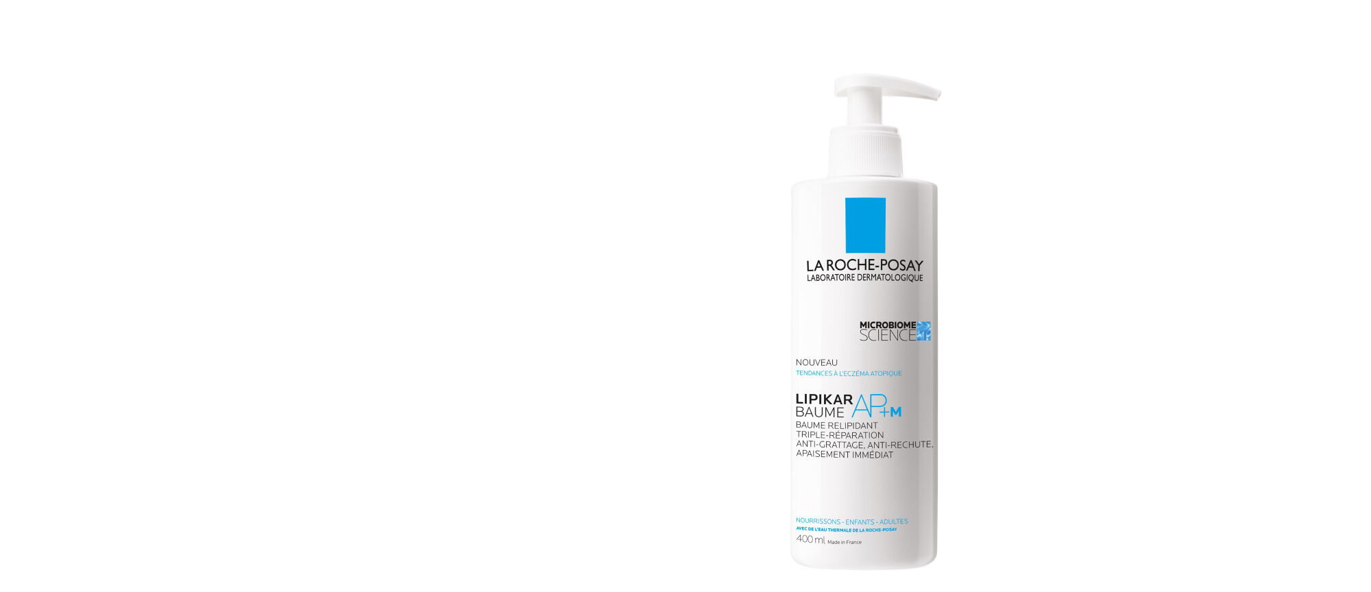 Flacon de baume a levres La Roche-Posay, blanc avec un distributeur et etiquettes bleues et blanches.