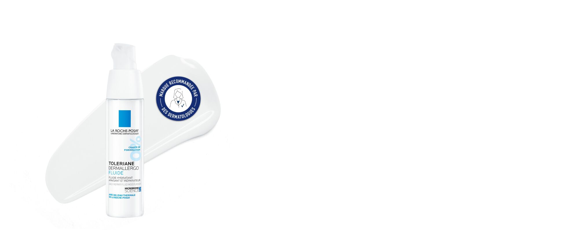 Flacon de baume a levres La Roche-Posay, blanc avec un distributeur et etiquettes bleues et blanches.