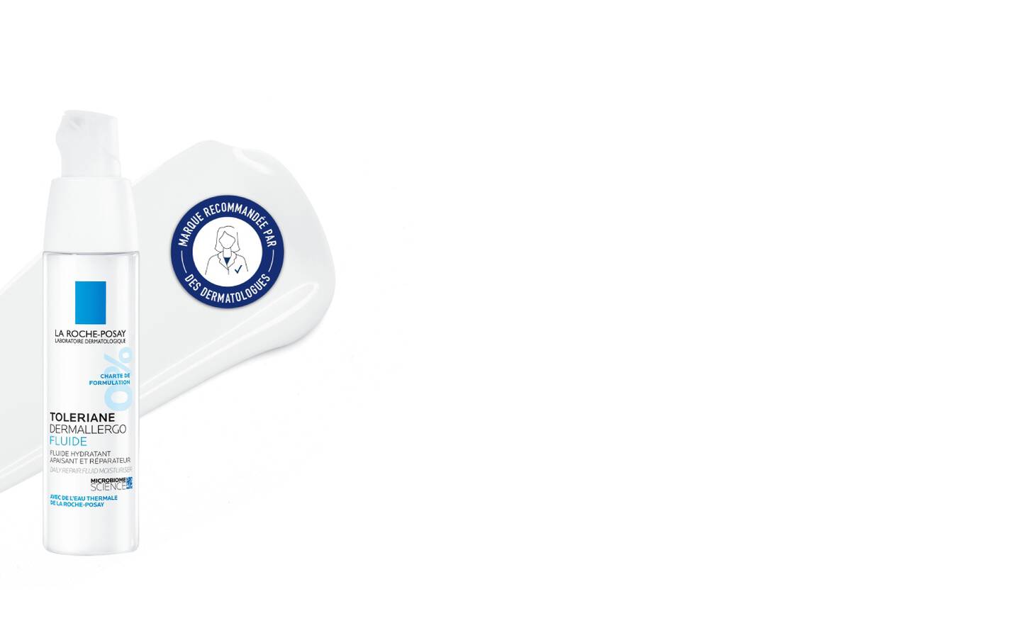 Flacon de baume a levres La Roche-Posay, blanc avec un distributeur et etiquettes bleues et blanches.