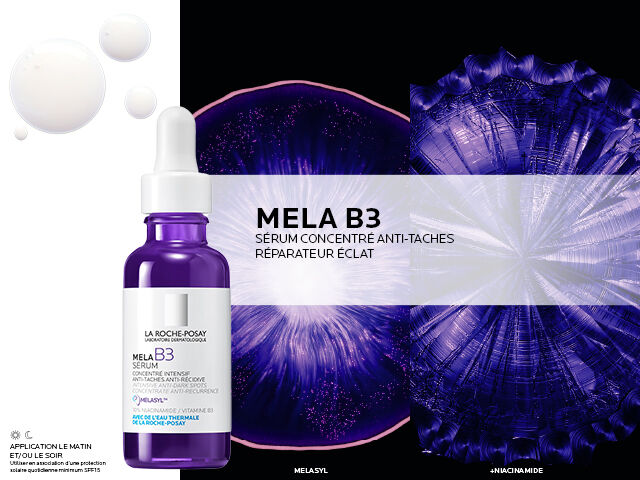 Serum MELA B3, flacon violet avec pipette, sur un fond degrade. Texte decrivant ses proprietes anti-taches et reparatrices.