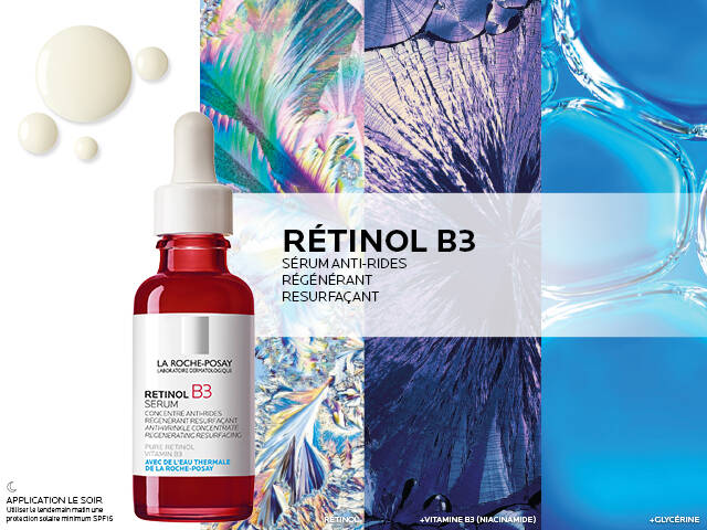 Flacon de serum anti-rides Retinol B3 sur un fond colore avec des textures et motifs varies, accompagne de conseils d'application.