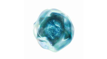 An abstract, spherical shape with a swirling, dark outer layer and a luminous, starry core in shades of blue and teal.