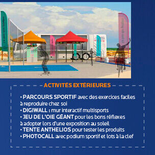 **Alt text en francais :** Un bus orange avec des inscriptions sur la sensibilisation a la sante et des activites diverses, a cote d'illustrations d'activites exterieures comme un parcours sportif, un mur d'escalade, et un podium pour jeux.