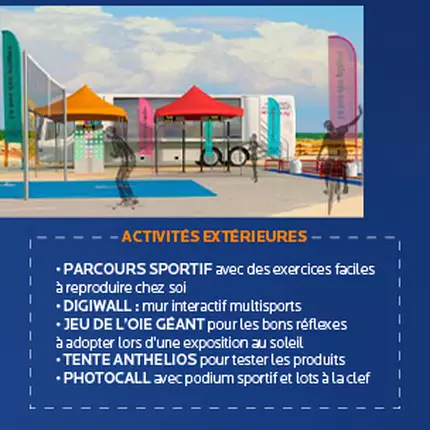 **Alt text en francais :** Un bus orange avec des inscriptions sur la sensibilisation a la sante et des activites diverses, a cote d'illustrations d'activites exterieures comme un parcours sportif, un mur d'escalade, et un podium pour jeux.