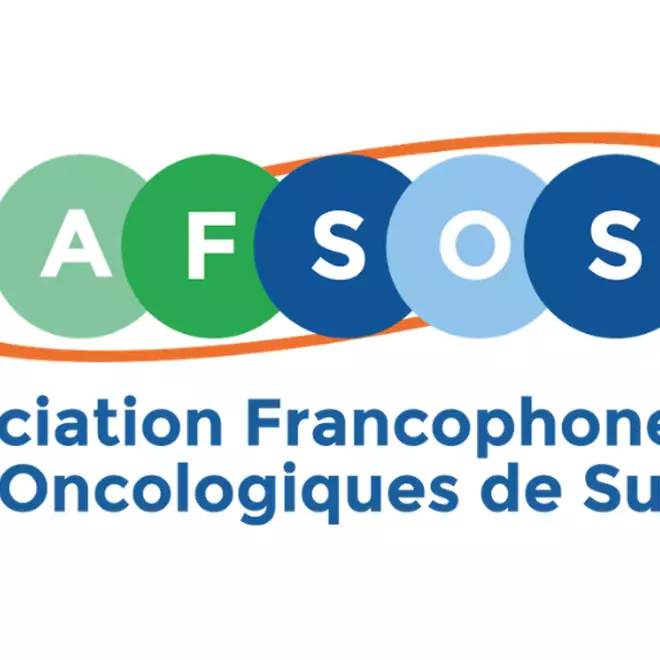 Logo de l'AFSOS presentant l'acronyme dans des cercles colores entoures d'un anneau orange, avec le nom complet « Association Francophone des Soins Oncologiques de Support » en dessous.