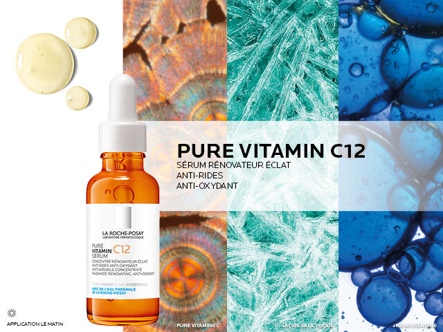 Une image de produit cosmetique mettant en avant le serum "Pure Vitamin C12", accompagne de gouttes d'huile et de textures colorees. Les etiquettes indiquent ses proprietes anti-rides et antioxydantes, avec une mention d'application le matin.