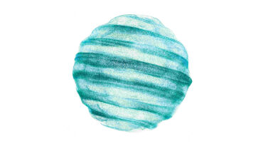 A circular illustration featuring turquoise and green swirling patterns resembling a planet.