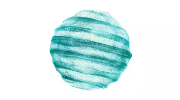 A circular illustration featuring turquoise and green swirling patterns resembling a planet.
