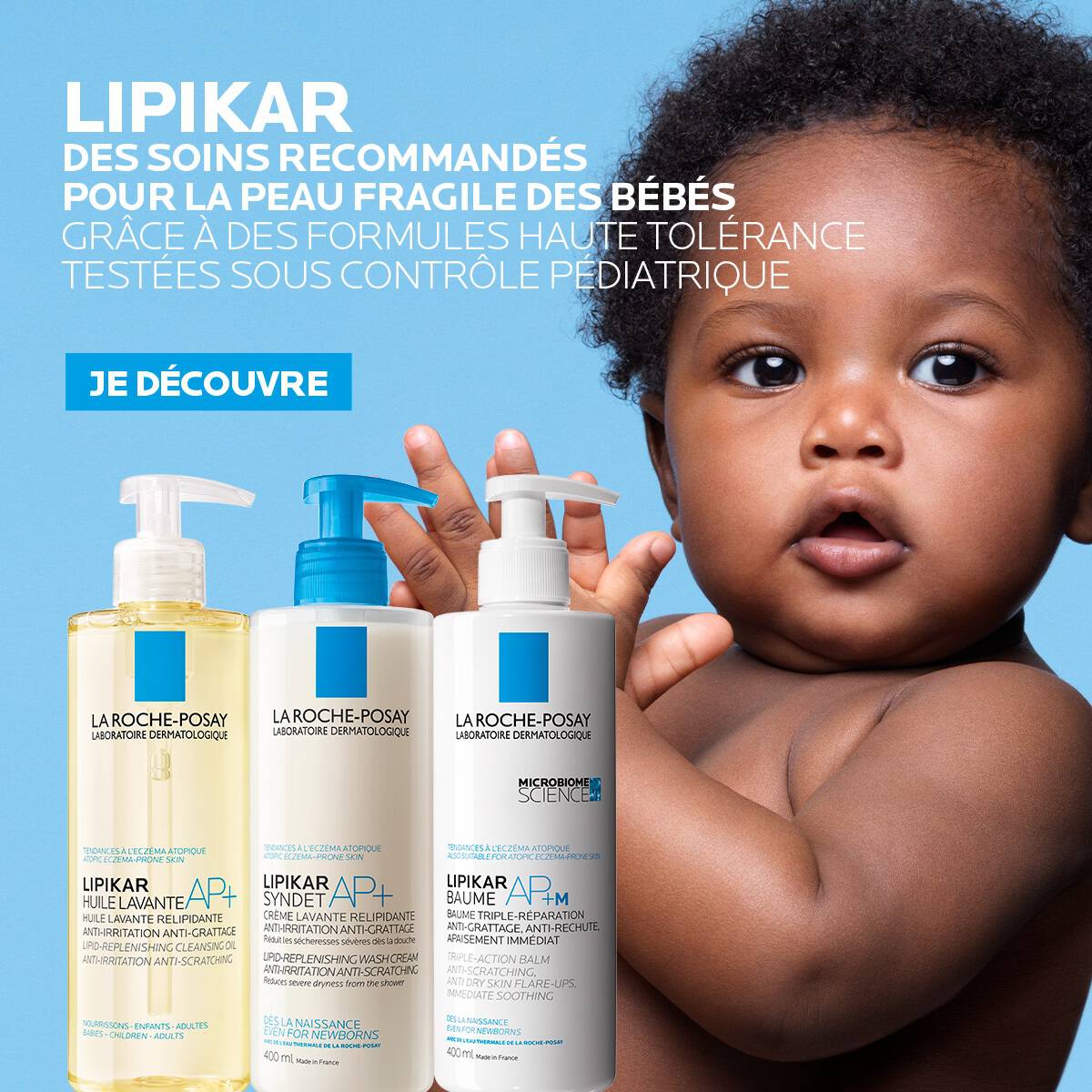 Alt text: "Produits Lipikar pour le soin de la peau fragile des bebes, avec des formulations testees pour une haute tolerance."