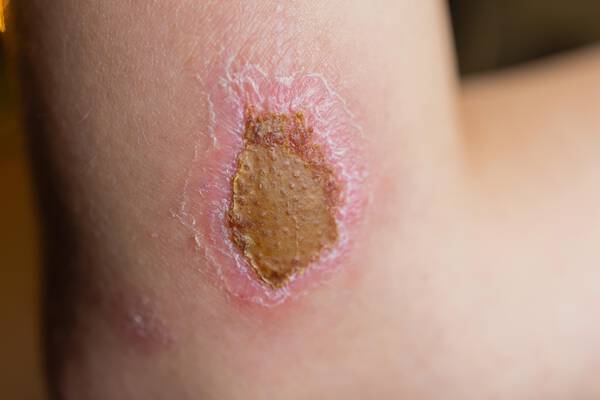 Une plaie sur le coude avec une croute brune et des bords rouges irritation.