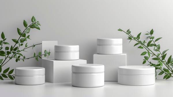 Image de plusieurs pots de creme blancs disposes sur des blocs, entoures de feuilles vertes.
