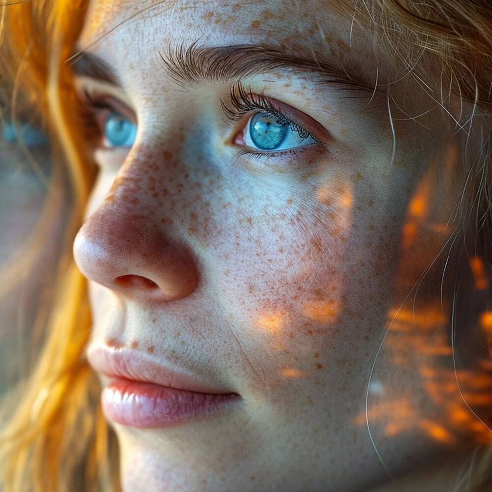 Portrait d'une jeune femme aux yeux bleus, avec des taches de rousseur, regardant pensivement a travers une vitre, ou l'on voit des reflets colores.