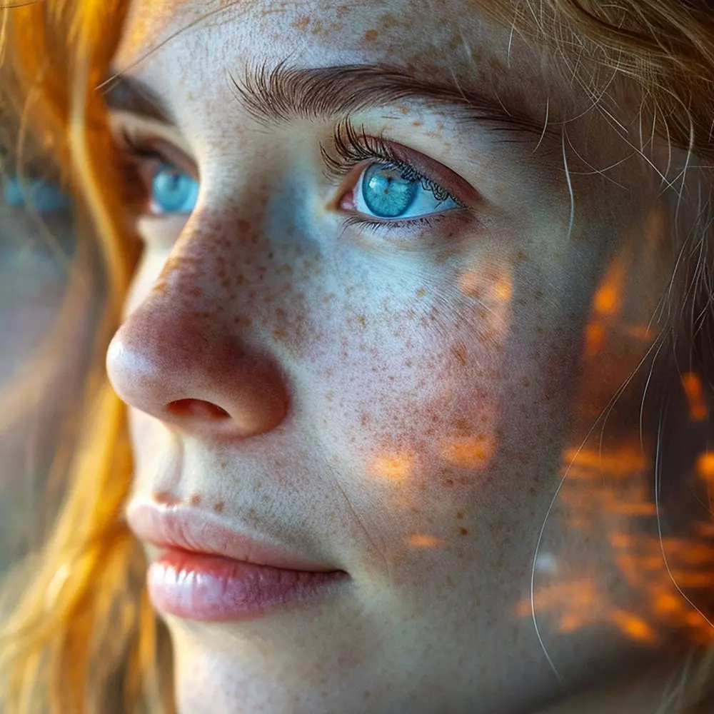 Portrait d'une jeune femme aux yeux bleus, avec des taches de rousseur, regardant pensivement a travers une vitre, ou l'on voit des reflets colores.