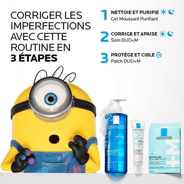 Tackle acne with this routine: 1 Purifying Cleansing Gel, 2 Duo+M Cream, 3 Duo+M Patches