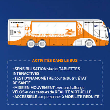 Un bus colore avec des activites de sensibilisation pour la sante, et un espace exterieur avec un parcours sportif, un mur interactif et des jeux pour les enfants.