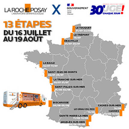 Texte alternatif : Un camion promotionnel de La Roche-Posay et du gouvernement francais, annoncant 13 etapes d'un evenement national entre le 16 juillet et le 19 aout, avec une carte de France en arriere-plan.
