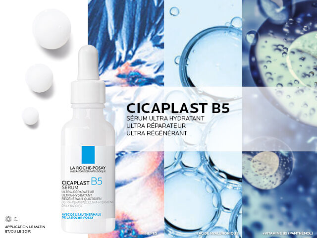 Serum Cicaplast B5 de La Roche-Posay, presente avec des gouttes d'eau et des textures hydratantes, mettant en avant ses proprietes ultra hydratantes, reparatrices et regenerantes.