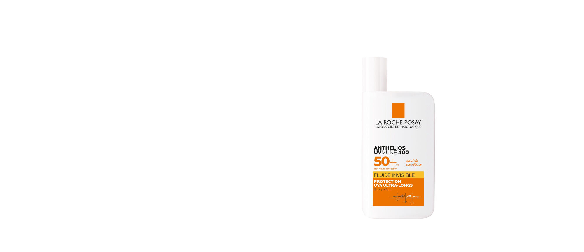 Flacon de creme solaire La Roche-Posay Anthelios UV 50+, avec un design minimaliste sur fond blanc.