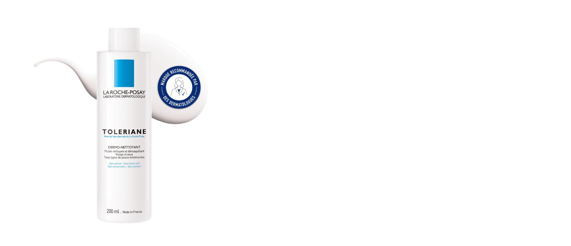 Flacon de baume a levres La Roche-Posay, blanc avec un distributeur et etiquettes bleues et blanches.